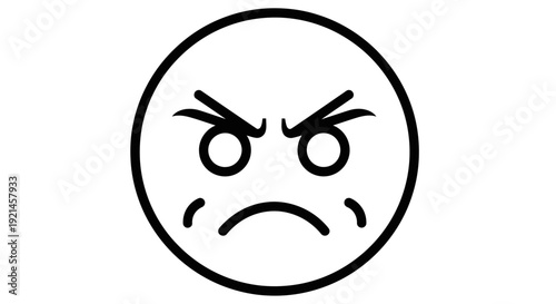 Angry face line art icon showing a frustrated, mad, or frowning expression in a black and white minimalist style.
