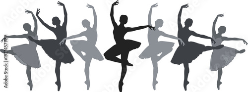 Elegant group of ballet dancer silhouettes performing graceful classical dance poses in tutus and pointe shoes isolated on white background for artistic vector design
