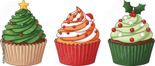 Set of Festive Holiday Cupcakes with Christmas Tree Frosting Santa Hat Topper and Holly Decorations for Winter Bakery Branding and Seasonal Celebration Graphic Design