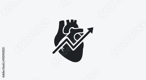 Human heart icon with an upward trend arrow chart symbolizing cardiac health improvement, medical progress, and vital sign growth.
