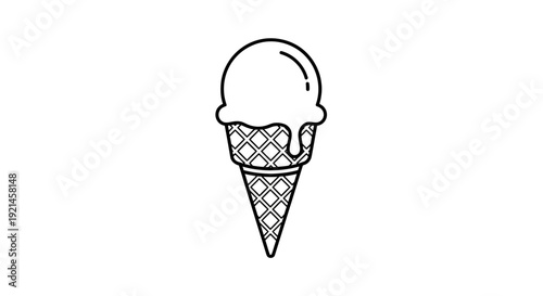 Simple black outline vector illustration of a melting single scoop ice cream cone. Minimalist graphic icon for sweet dessert.