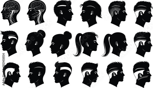 Human head profile silhouette set featuring male and female hairstyles, anatomical brain cross-sections, nervous system details, modern haircuts, trendy ponytails, and diverse facial outlines.