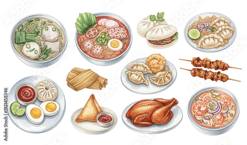 Hand-Painted Watercolor Asian Dishes Clipart – Pho, Dumplings, Satay & More
