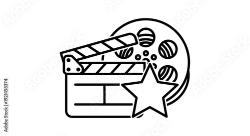 Film production icon with clapperboard, movie reel, and star. Line art illustration representing cinema, awards, and entertainment.