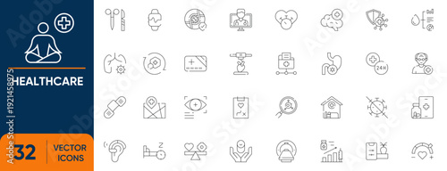 Healthcare Icon Set. Containing prevention, health, hospital, treatment, report, medicals, doctor and more. Editable vector Line icons collection.