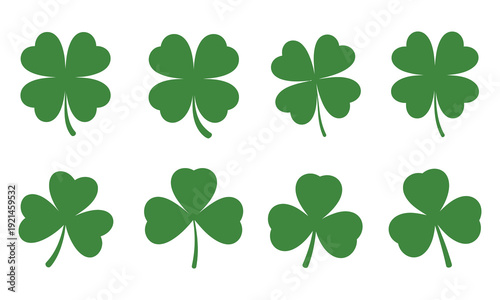 Clover leaves illustration four and three leaf clovers in green, isolated on white background, vector artwork