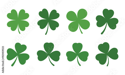 Clover leaves illustration four and three leaf clovers in green, isolated on white background, vector artwork