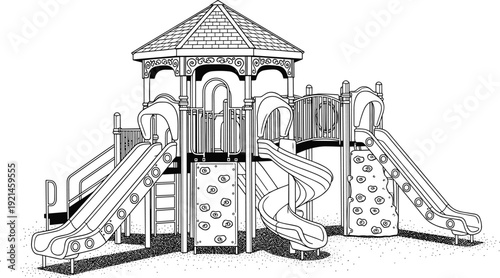 Children playground equipment illustration, outdoor park play structure with slides and climbing wall, black and white vector isolated on white background