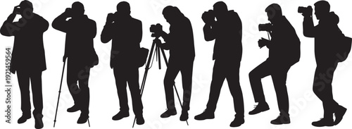 Silhouettes of photographers with tripods cameras and equipment on transparent background
