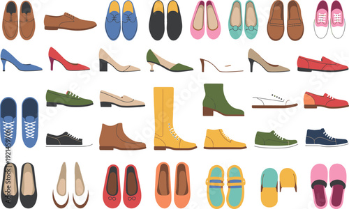 Diverse collection of footwear for men women and children vector illustrations
