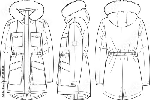 CAD drawing flat vector illustration of long winter parka with fur hood, multiple pockets, front side back technical sketch