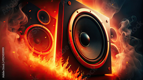 Speakers surrounded by fire burning speaker concept. Dynamic speakers emitting vibrant sound waves and fiery visuals.