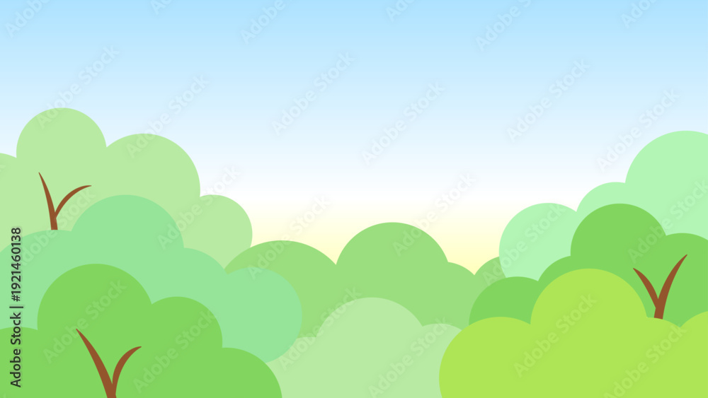 Obraz premium 16:9背景、カラフル背景、木々と空のイラスト、壁紙、横長、bg、background 