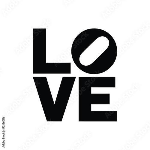 Bold black graphic displaying the word love with a heart