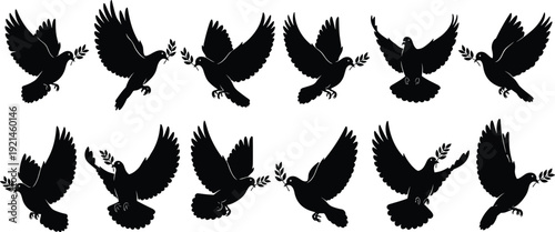 Set of Flying Dove Silhouettes Carrying Olive Branches as Symbols of Peace Hope and Harmony for International Peace Day Weddings and Humanitarian Graphic Design