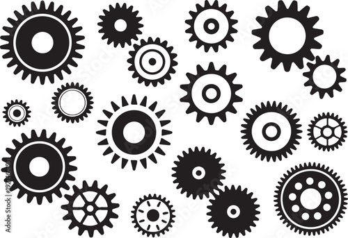 Scattered gear cogs and mechanical wheel elements in black silhouette vector art