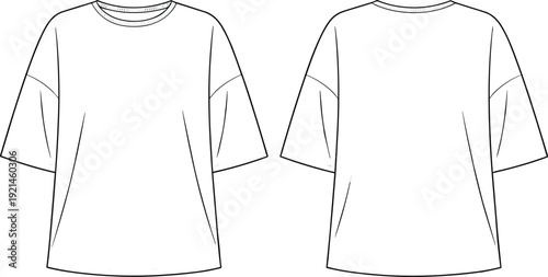 CAD drawing flat vector illustration of oversized short sleeve t-shirt with round neckline, minimal seam details, front and back view