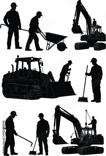 Construction worker and heavy equipment silhouettes collection, excavator bulldozer and laborer figures, black vector illustration isolated on white background, industrial building concept