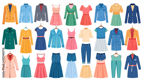 Women Casual Clothing Collection Flat Vector Set with Dresses Shirts Skirts Shorts Jackets and Modern Outfit Elements