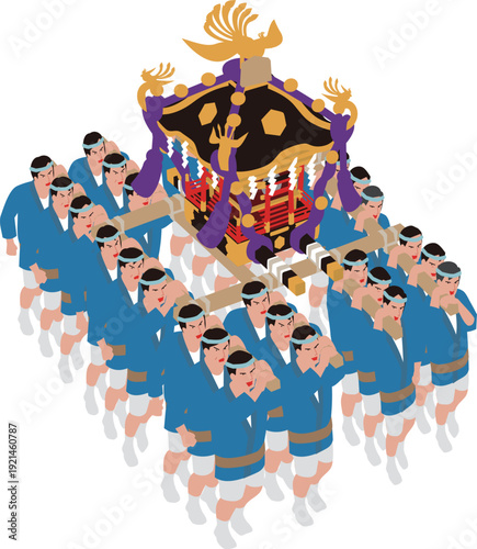 日本の伝統行事祭り。神輿を担ぐ男性たちのイラスト