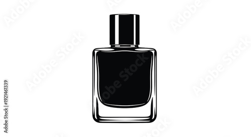 Perfume bottle silhouette icon with square glass flacon and cap, luxury fragrance packaging symbol in minimal black and white outline style, isolated on white