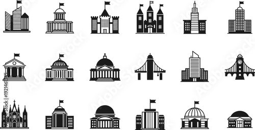 CAD drawing flat vector illustration, building architecture icon set, civic infrastructure graphic, urban planning design template, construction outline symbol collection