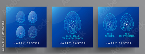 Happy Easter technology blue backgrounds for business social media templates in square format - digital circuit board eggs decorations - elegant vector modern illustration