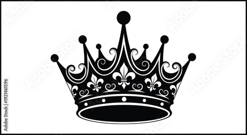 Crown ornate royal silhouette with fleur-de-lis ornaments, swirling filigree, and jeweled points, luxury heraldic emblem icon isolated on white background