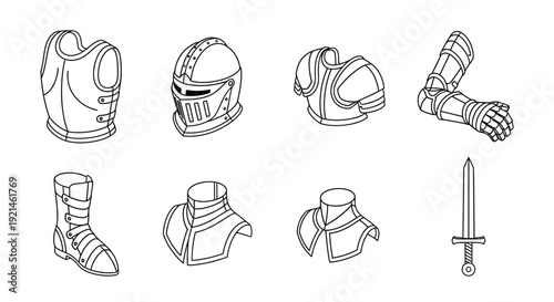 Line art illustration of medieval knight armor pieces and a sword