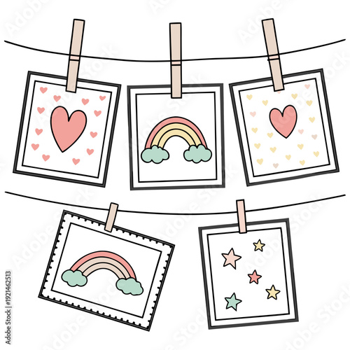 Konstfotografi Cute illustrations of polaroids with rainbow and heart hanging on a line Vector