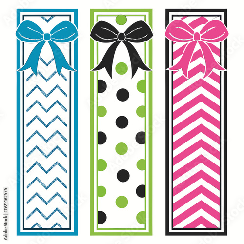 Three colorful bookmarks with bows and patterns Vector