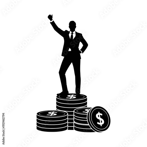 Businessman Standing on Stack of Coins.