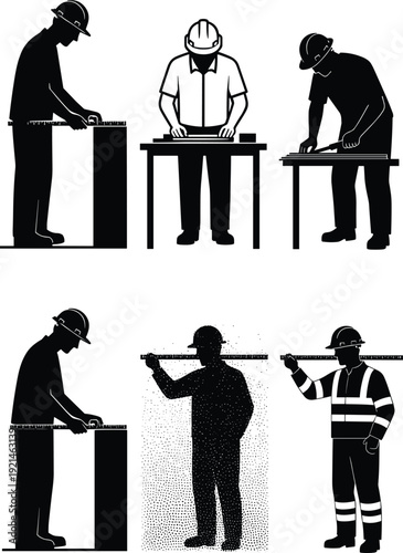 Construction worker silhouettes set, builders measuring and working on table with tools, black vector illustration isolated on white background