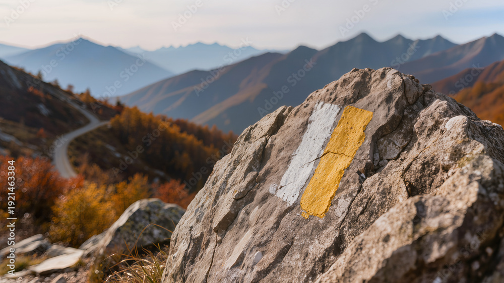 Fototapeta premium Rock with hiking trail mark against mountain road and autumn landscape background. 