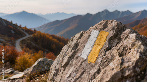 Wallpaper Mural Rock with hiking trail mark against mountain road and autumn landscape background.
 Torontodigital.ca