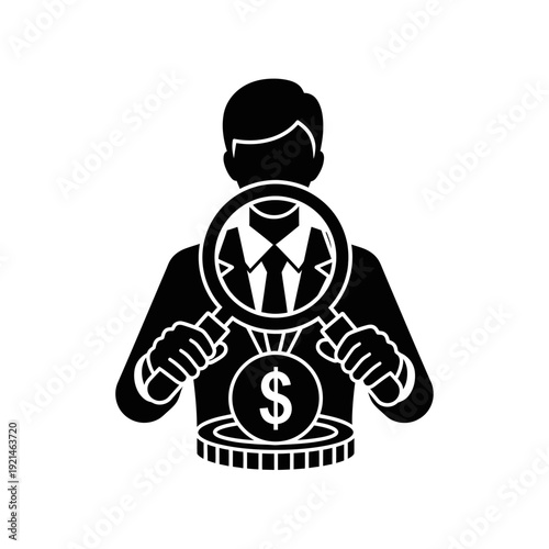 Man holding magnifying glass over dollar sign.