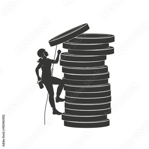 Person Climbing Stack of Coins Silhouette.