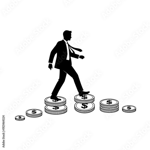 Man Walking on Stacks of Dollar Coins.