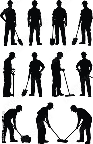 Construction worker silhouettes with shovel and broom collection, laborers cleaning and digging at work, black vector illustration isolated on white background