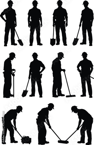 Construction worker silhouettes with shovel and broom set, laborers cleaning and digging poses, black vector illustration isolated on white background