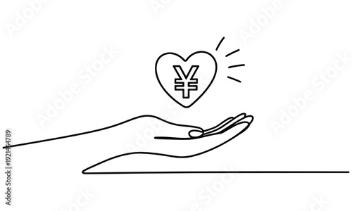 Hand holding a heart with a yen symbol representing charity donation and financial love in a simple vector graphic design.