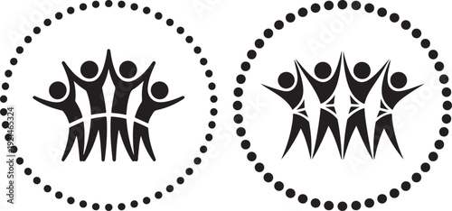 Teamwork and community black silhouette icon set. Includes four and five person groups with raised hands within dotted circles. Created in solid black and white style.