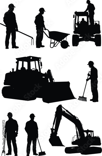 Construction workers and heavy equipment silhouettes collection, excavator bulldozer and laborers working on site, black vector illustration isolated on white background