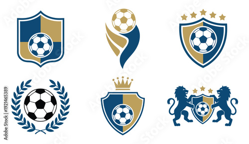 Football club emblem illustration trophy and shield vector featuring laurel, crown, star ribbon, and lion crest, ideal for soccer team identity design.