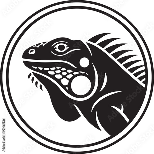 Black Iguana Head Emblem in Circle, Tribal Style Vector Art