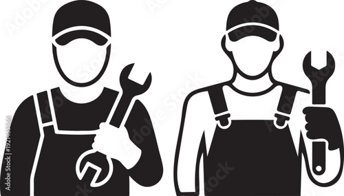 Two male mechanics or repairmen in overalls and caps holding wrenches, depicted as black and white vector icons with a solid fill style, isolated on a white background.