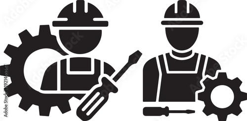 Engineer and mechanic glyph icon collection. Includes worker, construction, repair, maintenance, service, and industrial symbols. Created in solid black style with a monochrome palette.