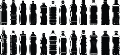 Set of Plastic Bottle Silhouettes and Water Bottle Icons in Various Shapes for Recycling Infographics Beverage Packaging and Environmental Graphic Design