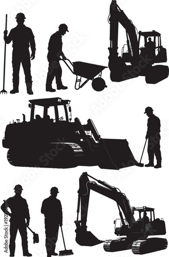 Construction workers and heavy equipment silhouettes set, excavator bulldozer and laborers working on site, black vector illustration isolated on white background