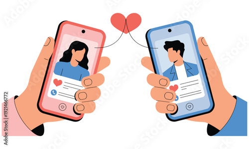 Two hands holding mobile phones showing cartoon man and woman profiles connected by a heart symbolizing online dating and romantic connection in a modern digital love story.